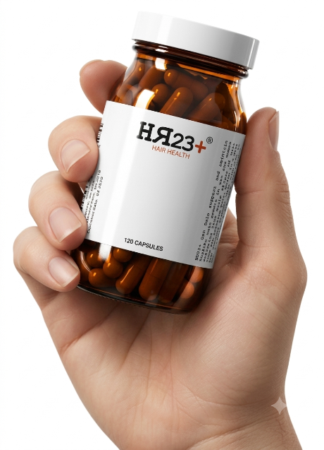 HR23+ Hair Restoration Supplement bottle held in hand